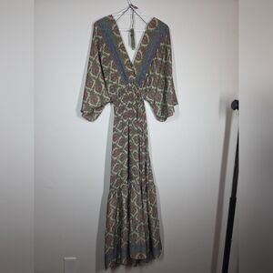 ZURY SILK BLEND PAISLEY MAXI DRESS KAFTAN PEASANT BOHO KIMONO SLEEVE DRESS EUC